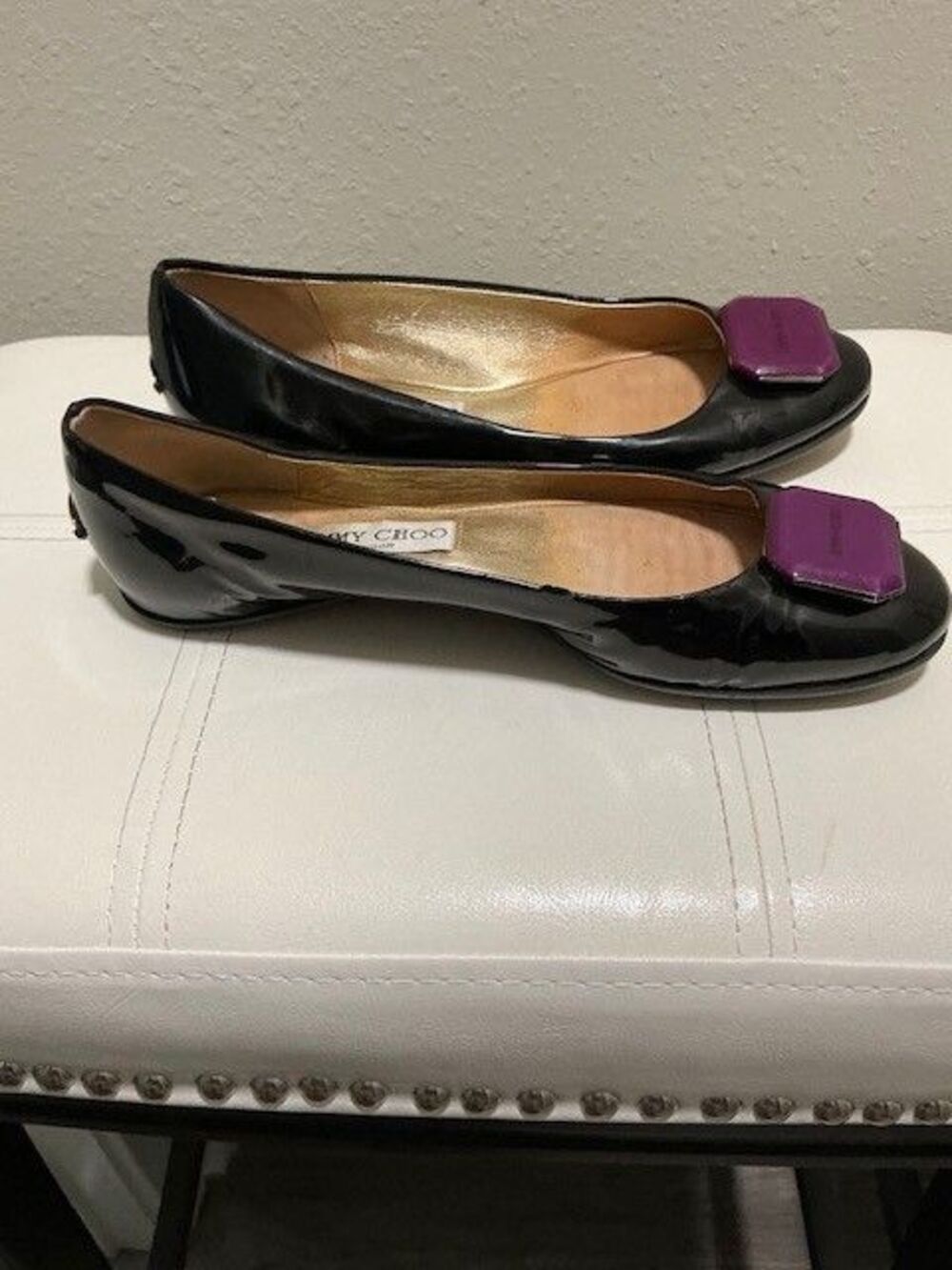 Jimmy Choo Black Patent Leather Ballet Flats with Purple Toe Accent & Heel Logo - Picture 6 of 8